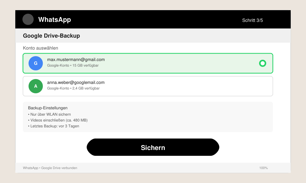 Google-Drive-Backup-Bildschirm in WhatsApp mit ausgewähltem Konto