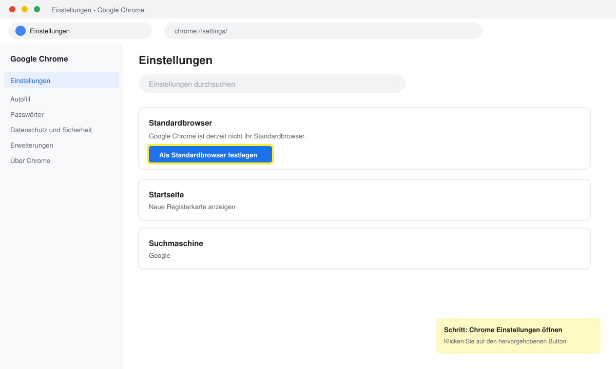Chrome Einstellungen Fenster mit hervorgehobener Schaltfläche Standardbrowser
