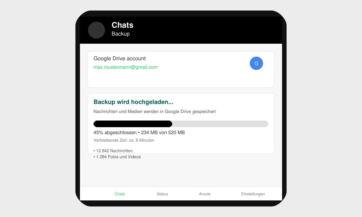 WhatsApp Backup-Bildschirm während des Hochladens in Google Drive