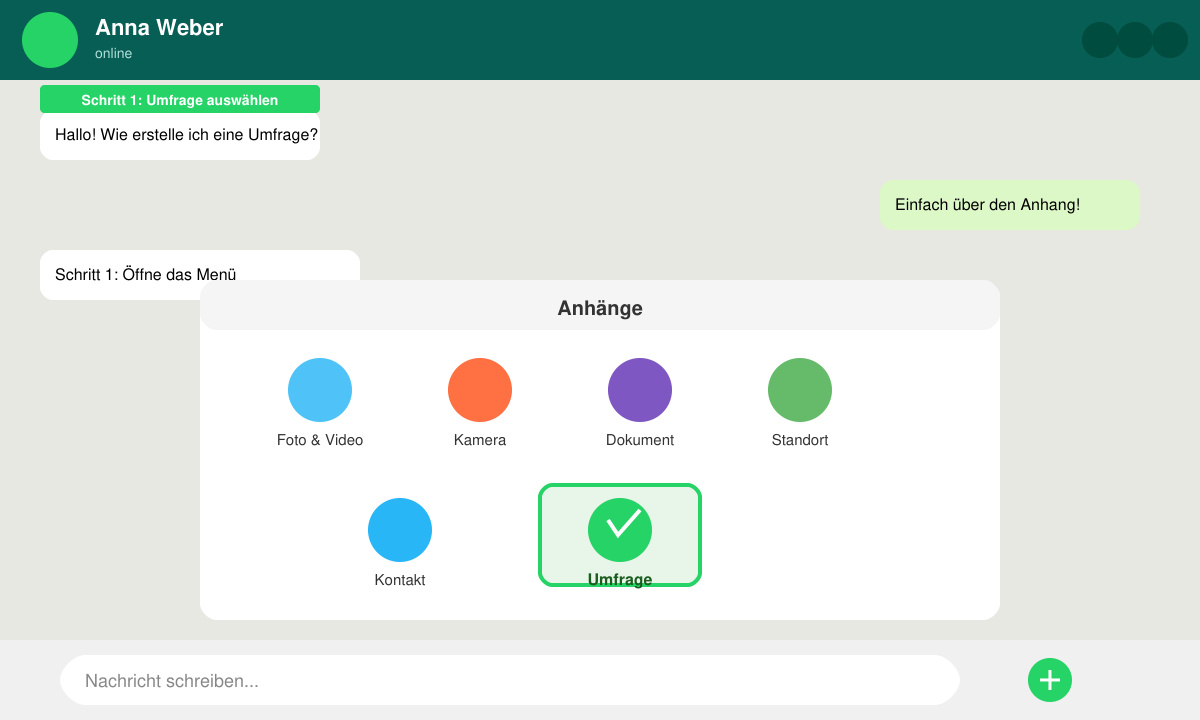 WhatsApp-Gruppenchat mit geöffnetem Anhang-Menü
