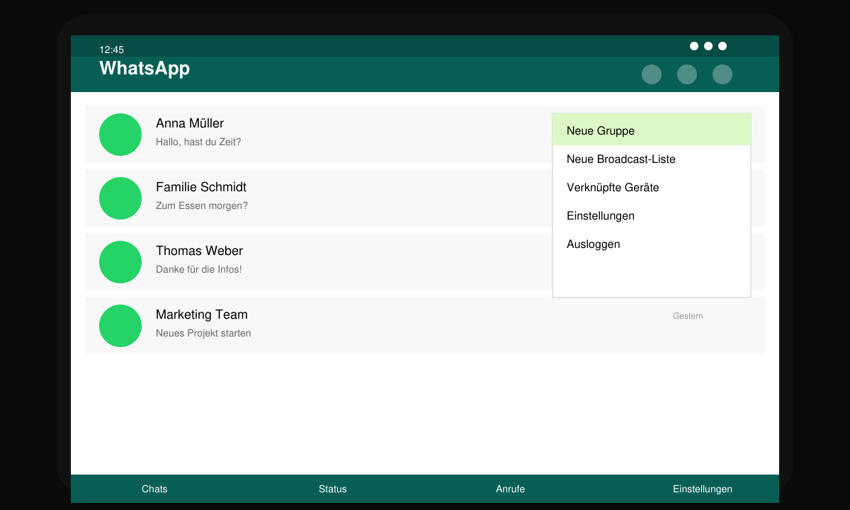 Bildschirm mit der Auswahl „Neue Gruppe“ in der WhatsApp-App