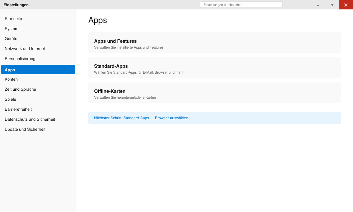 Windows-Einstellungen-Fenster mit hervorgehobener Option „Apps“