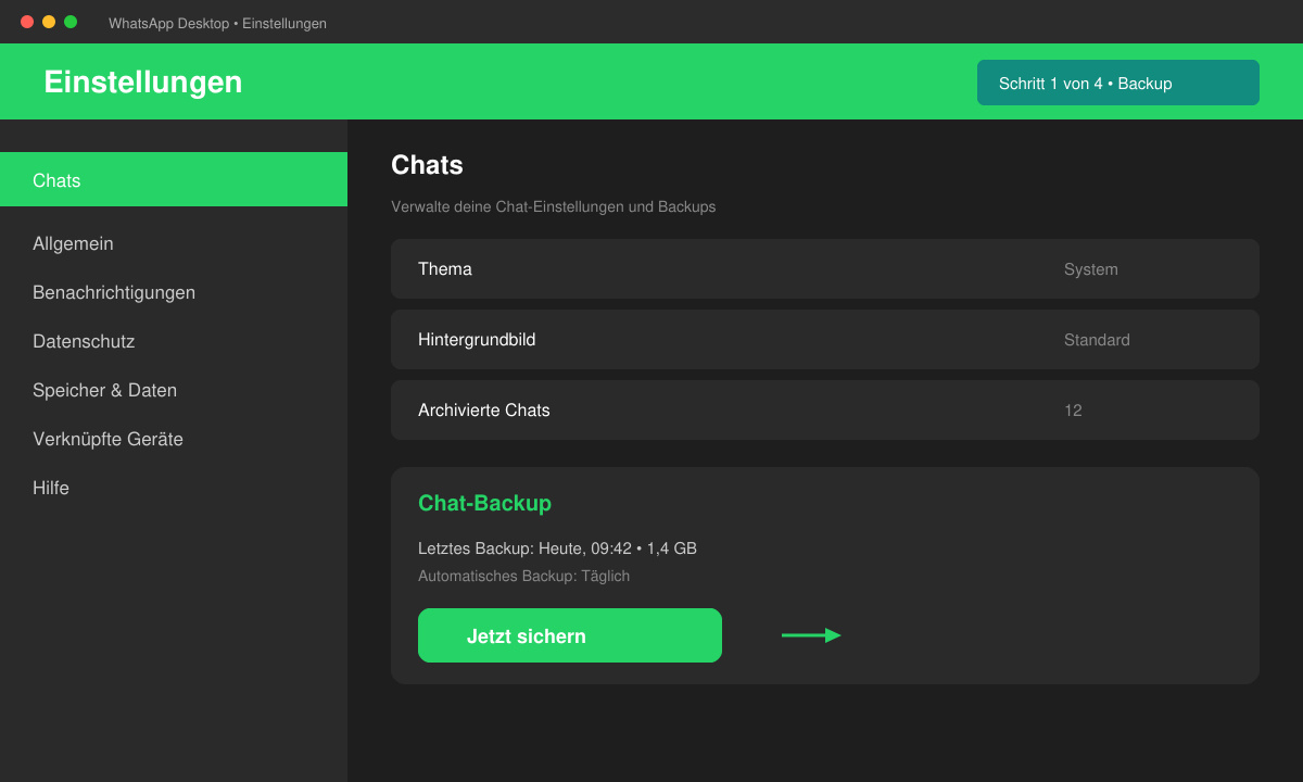 WhatsApp-Einstellungsmenü mit Fokus auf den Punkt „Chats“