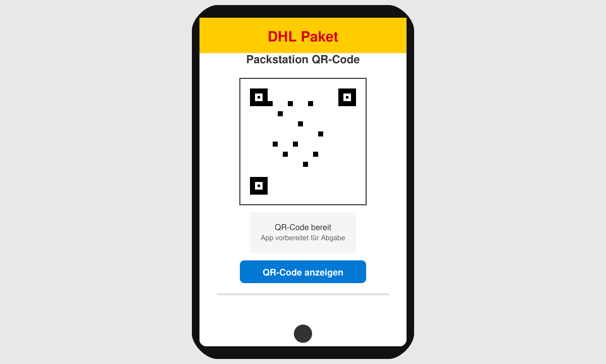 Smartphone-Bildschirm mit DHL App und angezeigtem QR-Code für Packstation