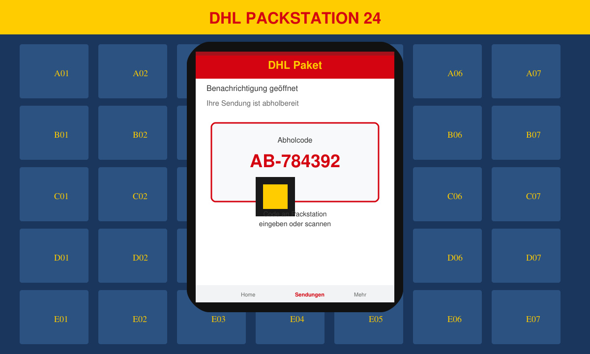 Nahaufnahme des Smartphones mit DHL App und angezeigtem Abholcode vor einer Packstation