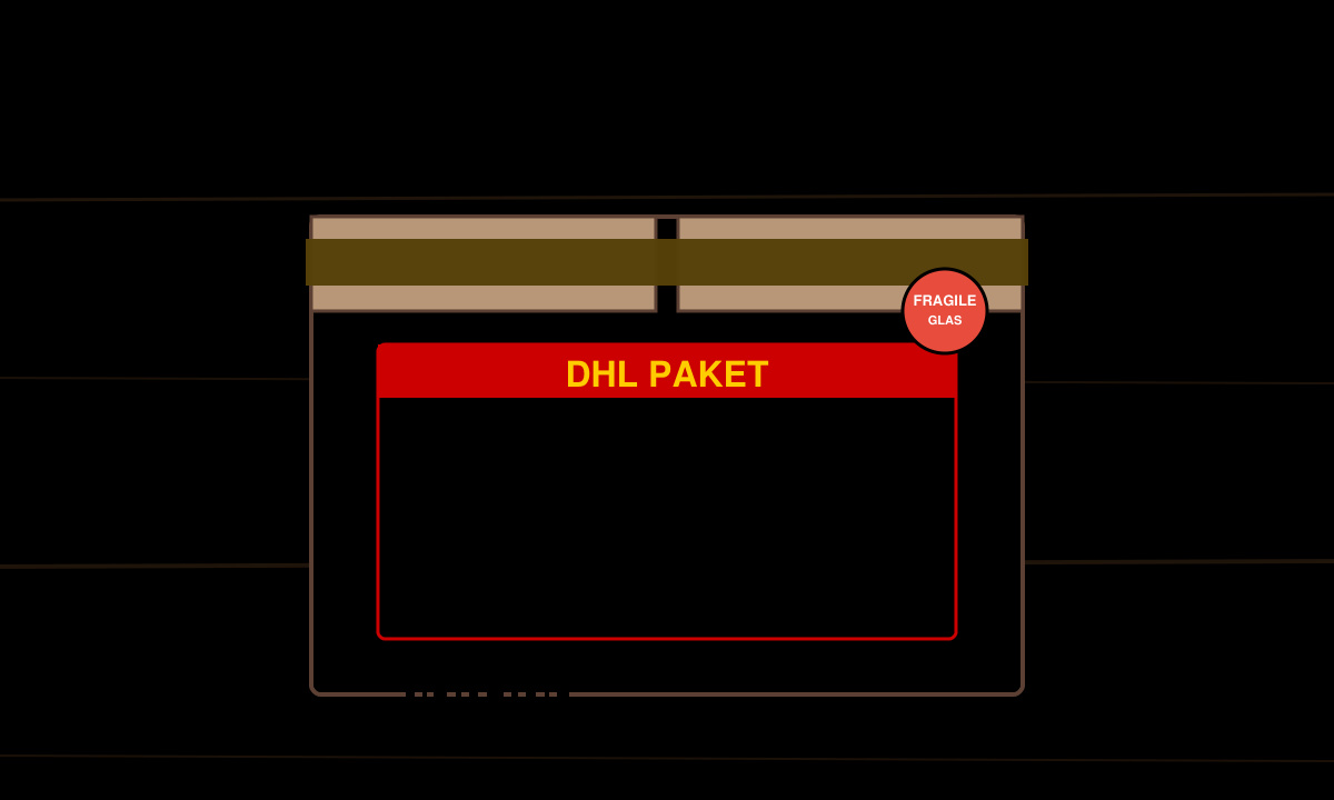 Nahaufnahme eines fertig verpackten Pakets mit DHL-Adressaufkleber und korrekter Beschriftung auf einem Tisch.