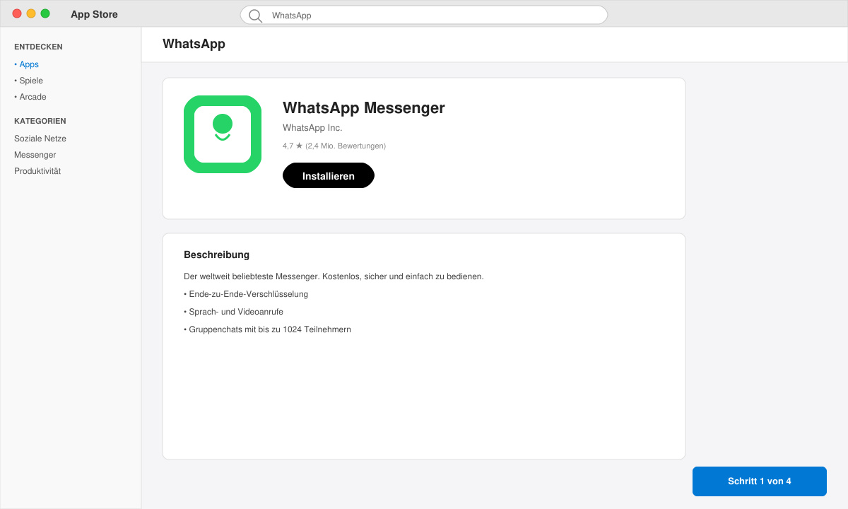 Bildschirm des App Stores mit WhatsApp-Installationsbutton