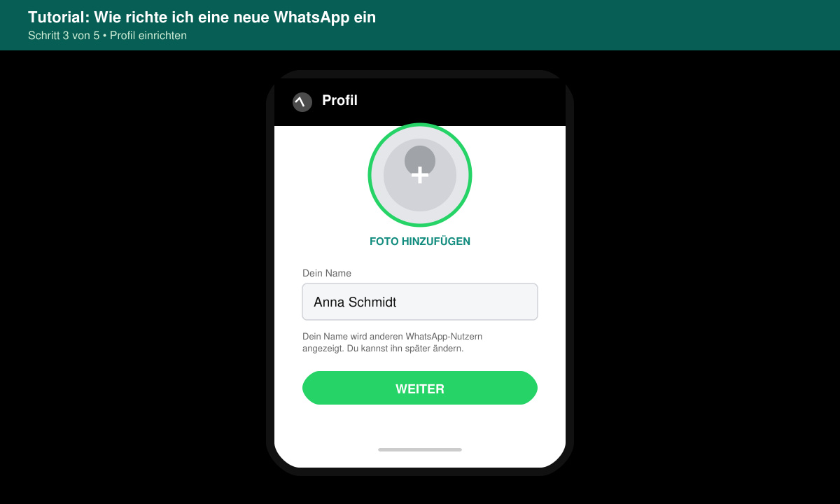 WhatsApp-Profilbildschirm mit Nameingabe und Foto-Upload-Option