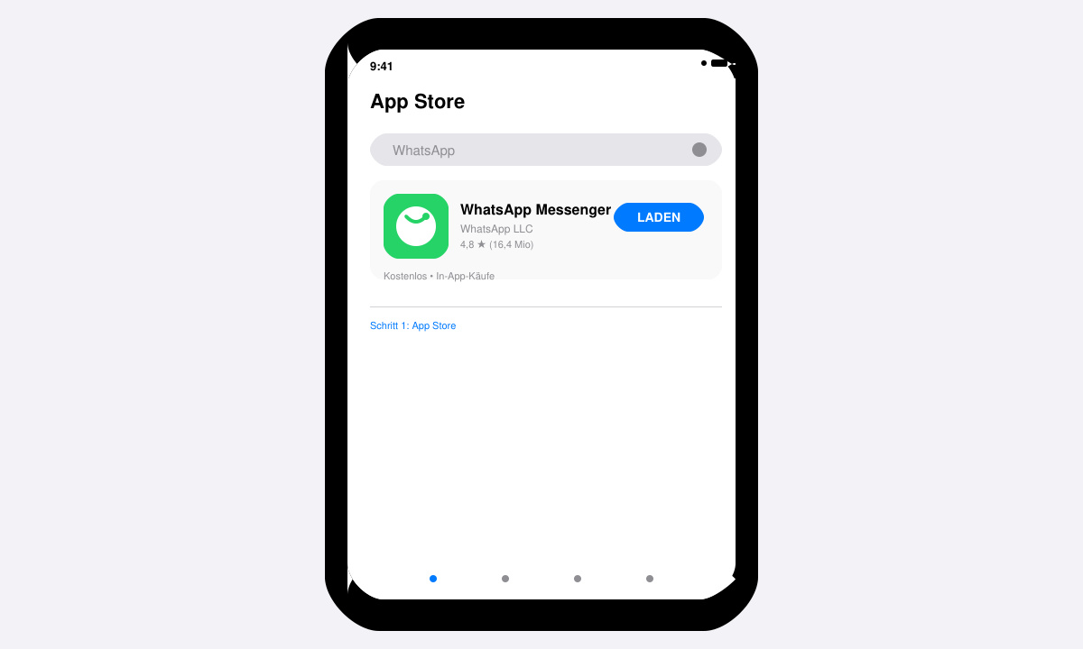 Bildschirm des App Stores mit WhatsApp-Suchergebnis und Install-Button