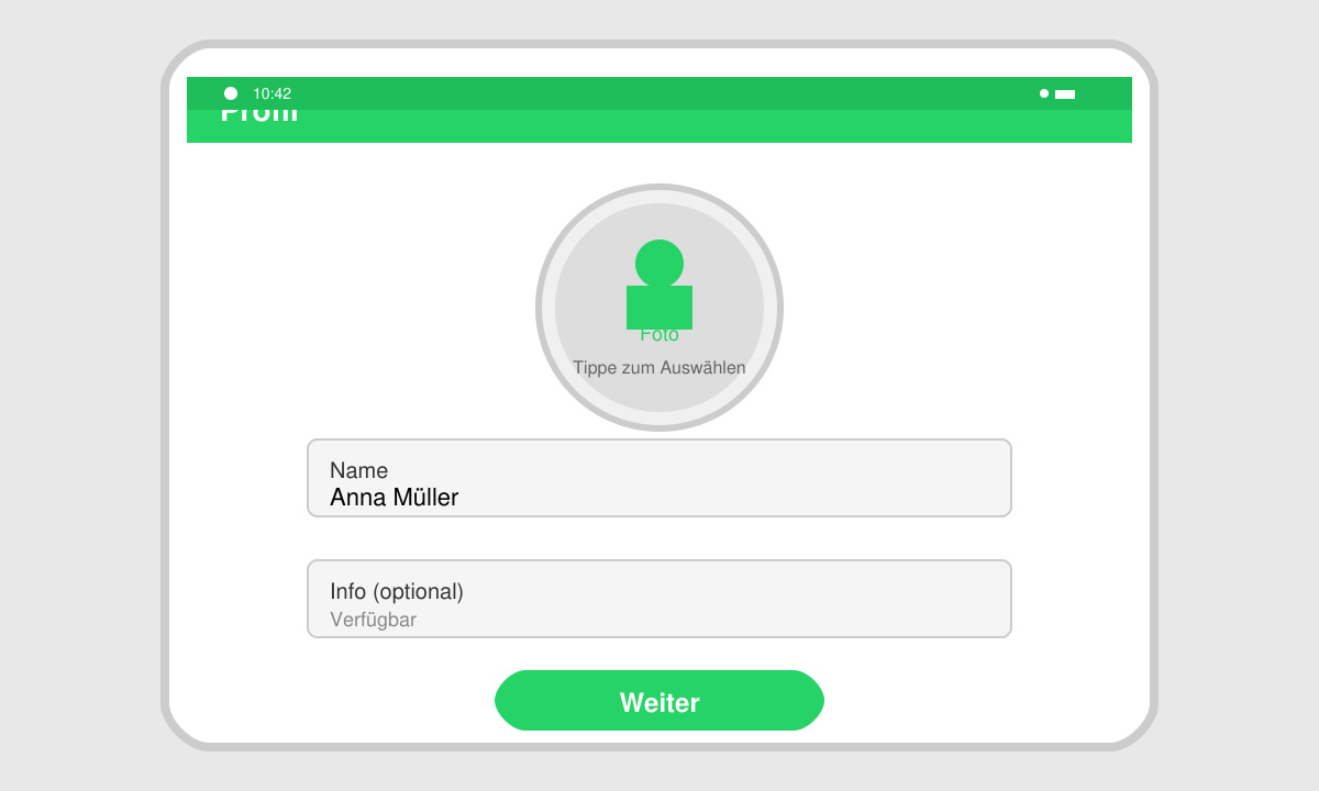 WhatsApp-Profilbildschirm mit Name und Foto-Auswahl