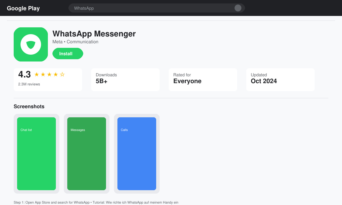 Bildschirmansicht des App Stores mit WhatsApp-Suchergebnis und Installieren-Button