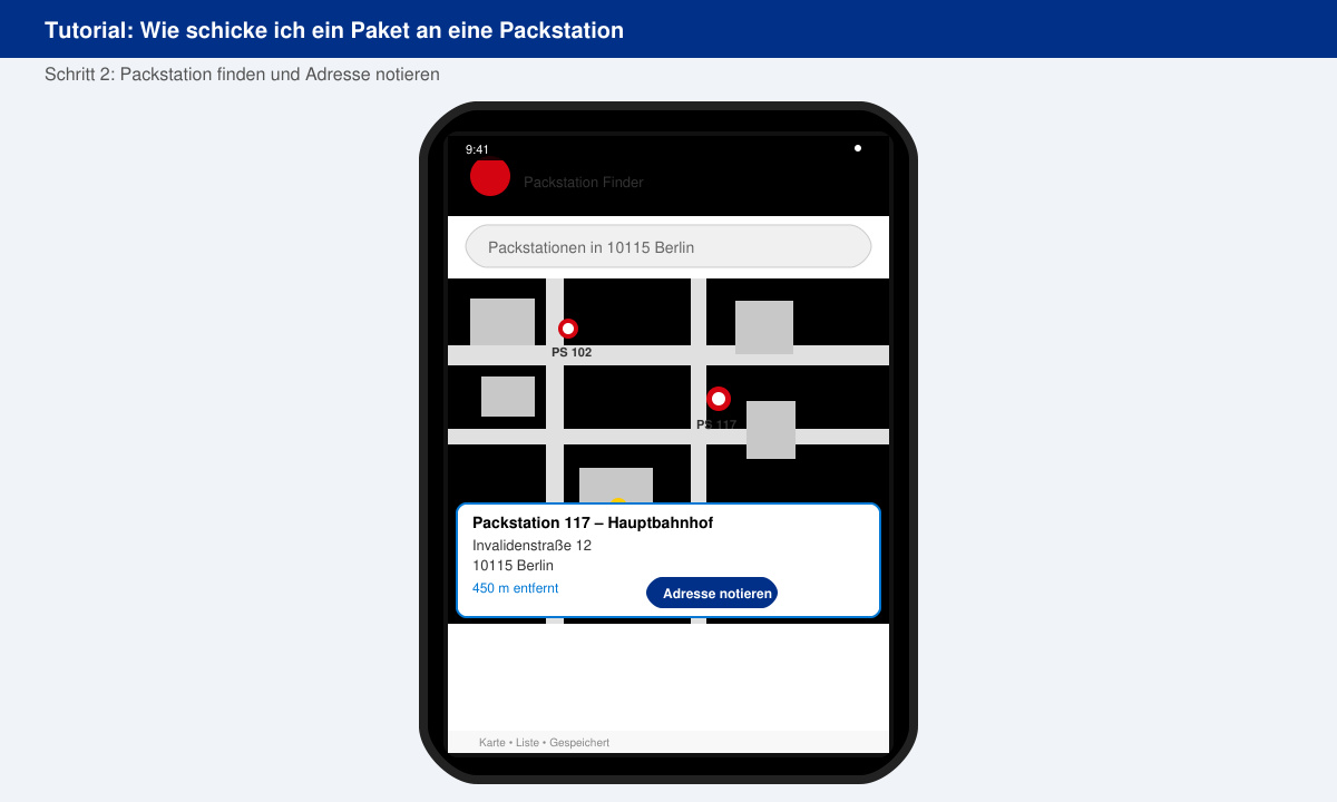 DHL App zeigt Packstation Adresse und Standort