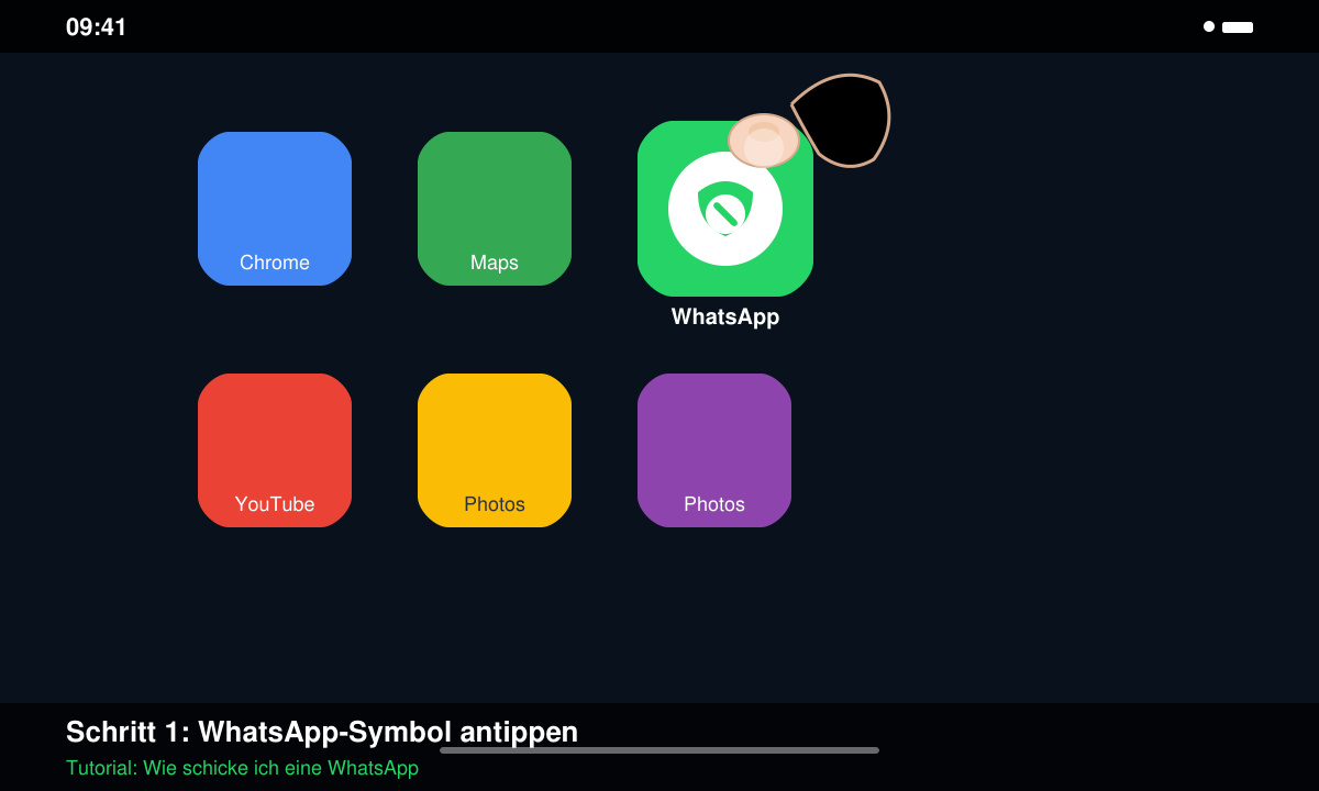 Nahaufnahme des WhatsApp-Symbols auf einem Android-Startbildschirm mit Finger, der darauf tippt