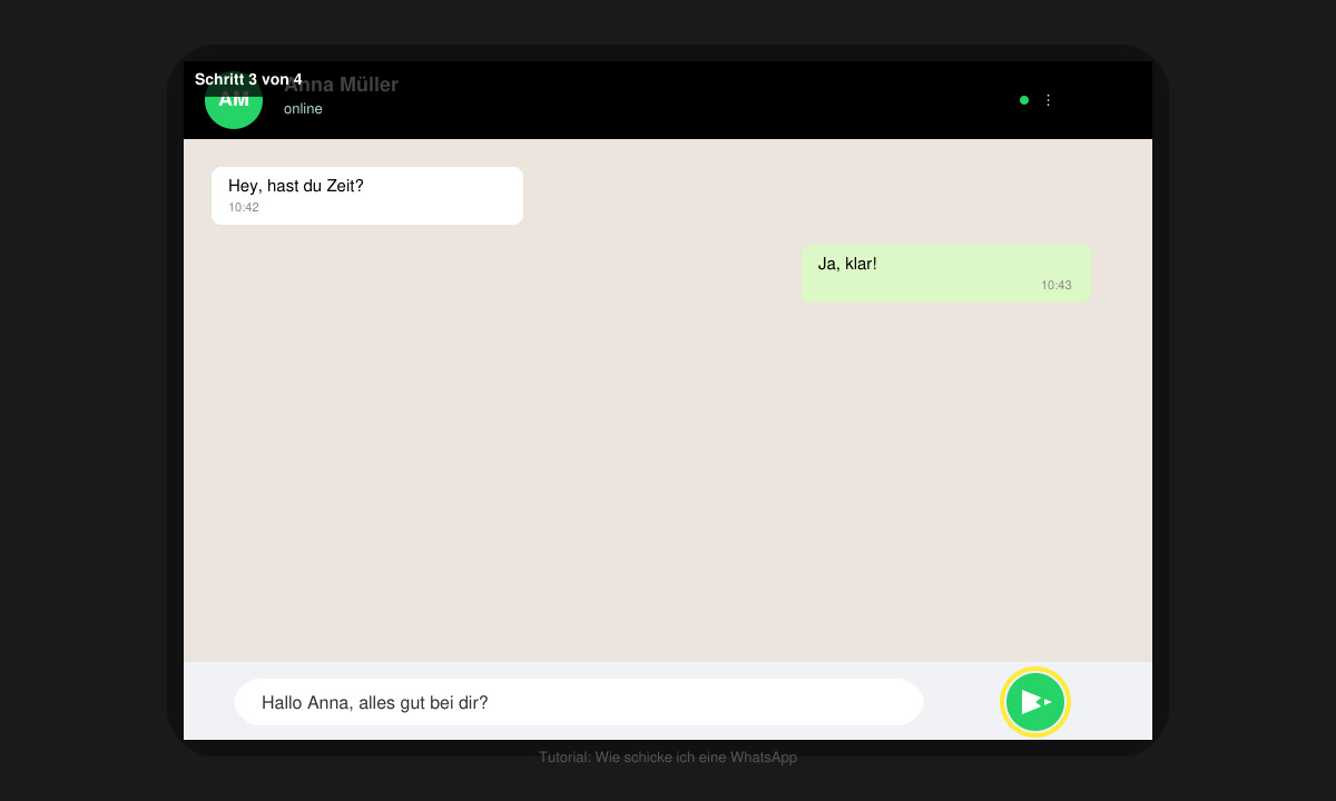 WhatsApp-Eingabefeld mit getippter Nachricht und hervorgehobenem Senden-Button auf dem Display