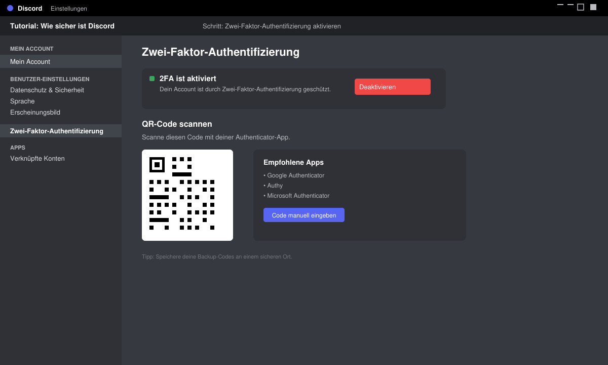 Discord-Einstellungsmenü mit aktivierter 2FA-Option
