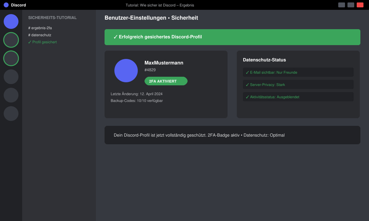 Erfolgreich gesichertes Discord-Profil mit aktiviertem 2FA-Badge