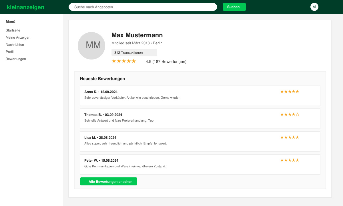 Profilübersicht mit Bewertungen auf ebay kleinanzeigen