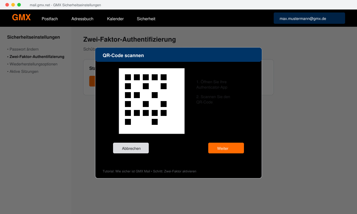 Screenshot des GMX-Menüs mit hervorgehobenem Pfad zu den Sicherheitseinstellungen