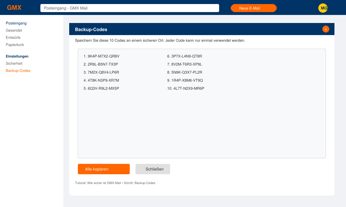 Anzeige der Backup-Codes im GMX-Dialog mit Kopier-Button