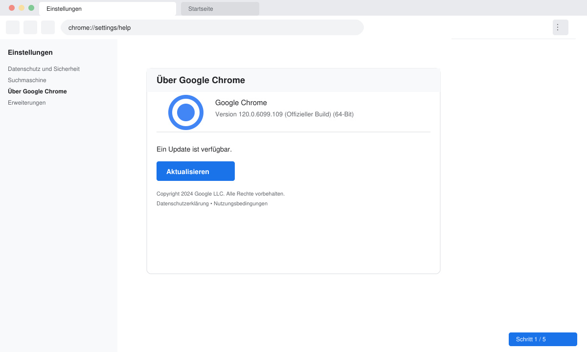 Chrome Einstellungsmenü mit geöffnetem „Über Google Chrome“ Dialog und Update-Button