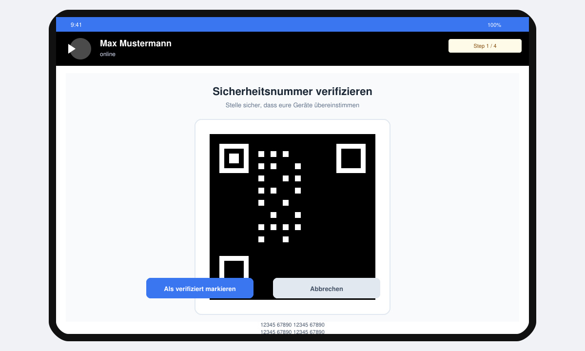 Bildschirm der Signal Messenger App mit geöffneter Sicherheitsnummer und QR-Code