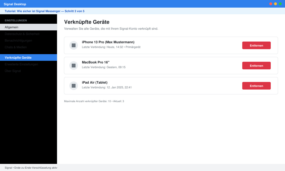 Liste verknüpfter Geräte in den Signal Messenger Einstellungen