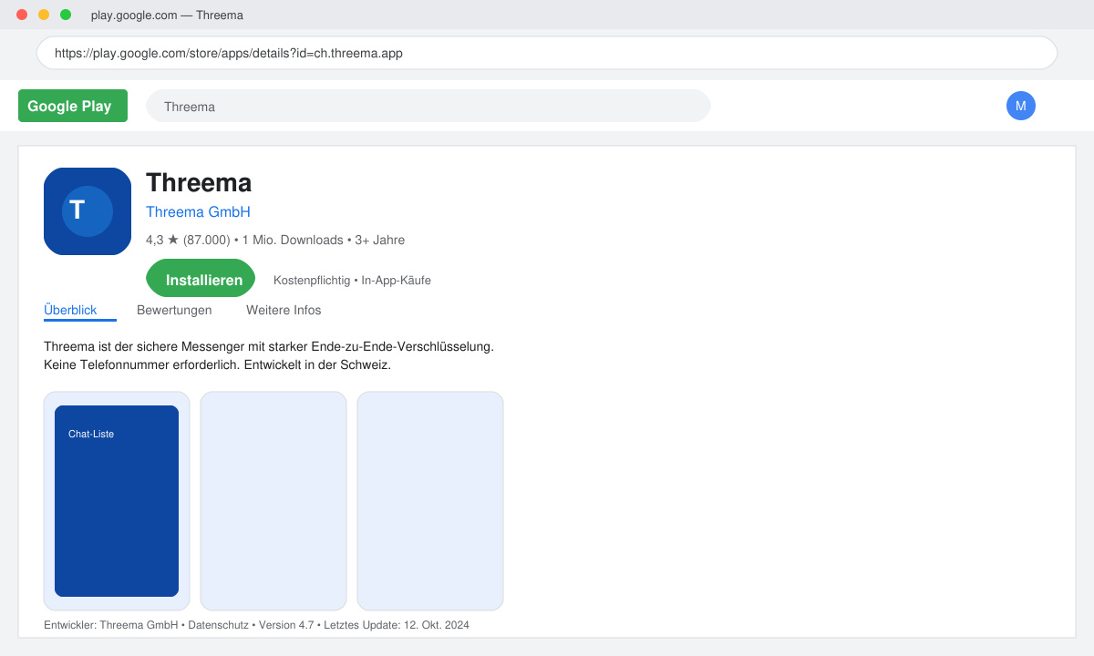 Threema Download im Google Play Store mit Entwicklername