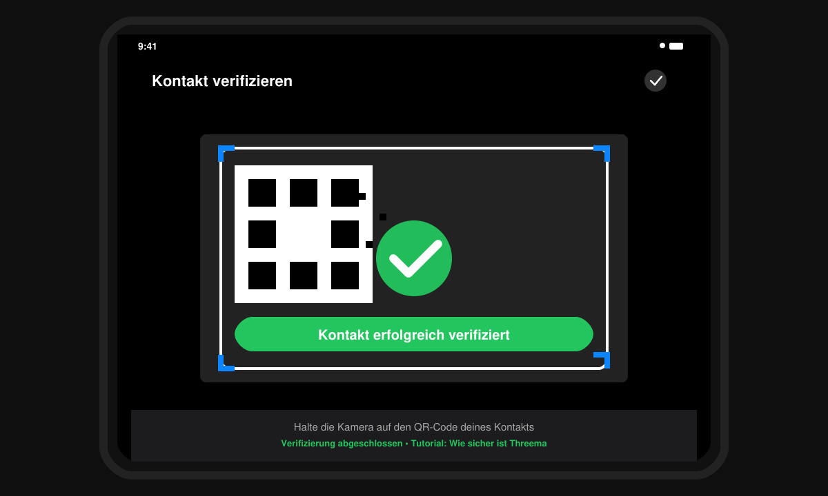 Threema Kontaktverifizierung mit QR-Code und grünem Häkchen
