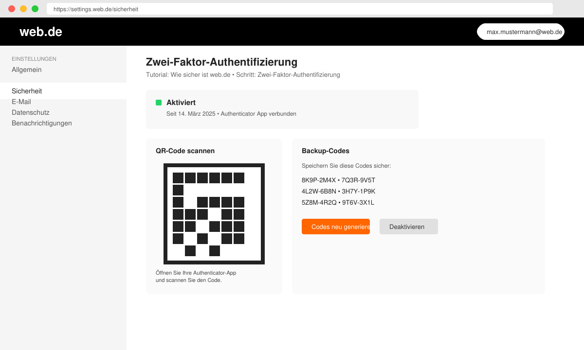 Zwei-Faktor-Authentifizierung in den web.de-Einstellungen aktivieren