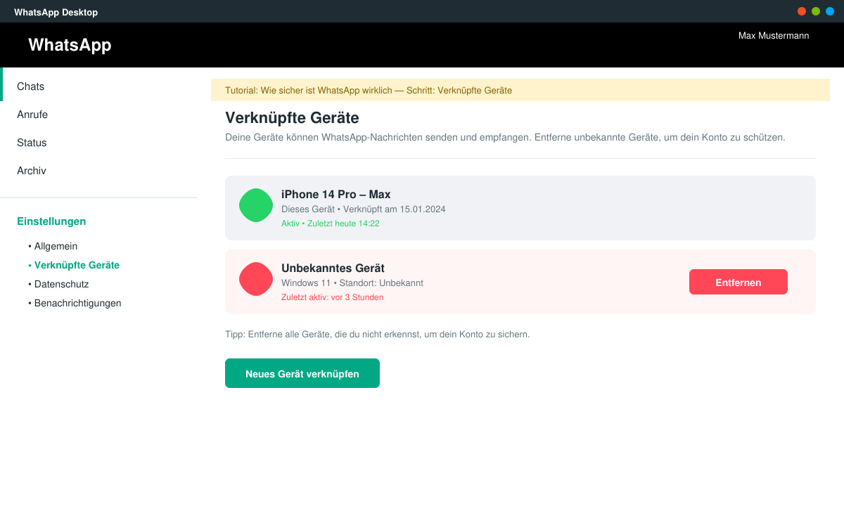 Liste verknüpfter Geräte in WhatsApp mit Option zum Entfernen eines unbekannten Geräts