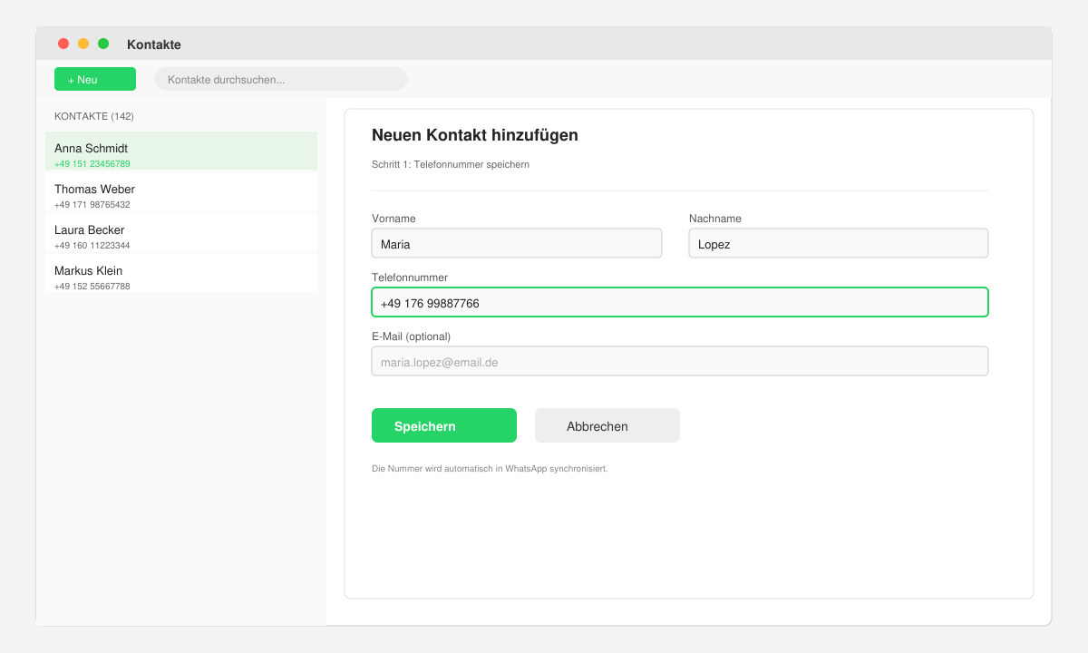 Bildschirm der Kontakte-App mit geöffnetem Formular zum Hinzufügen einer neuen Telefonnummer