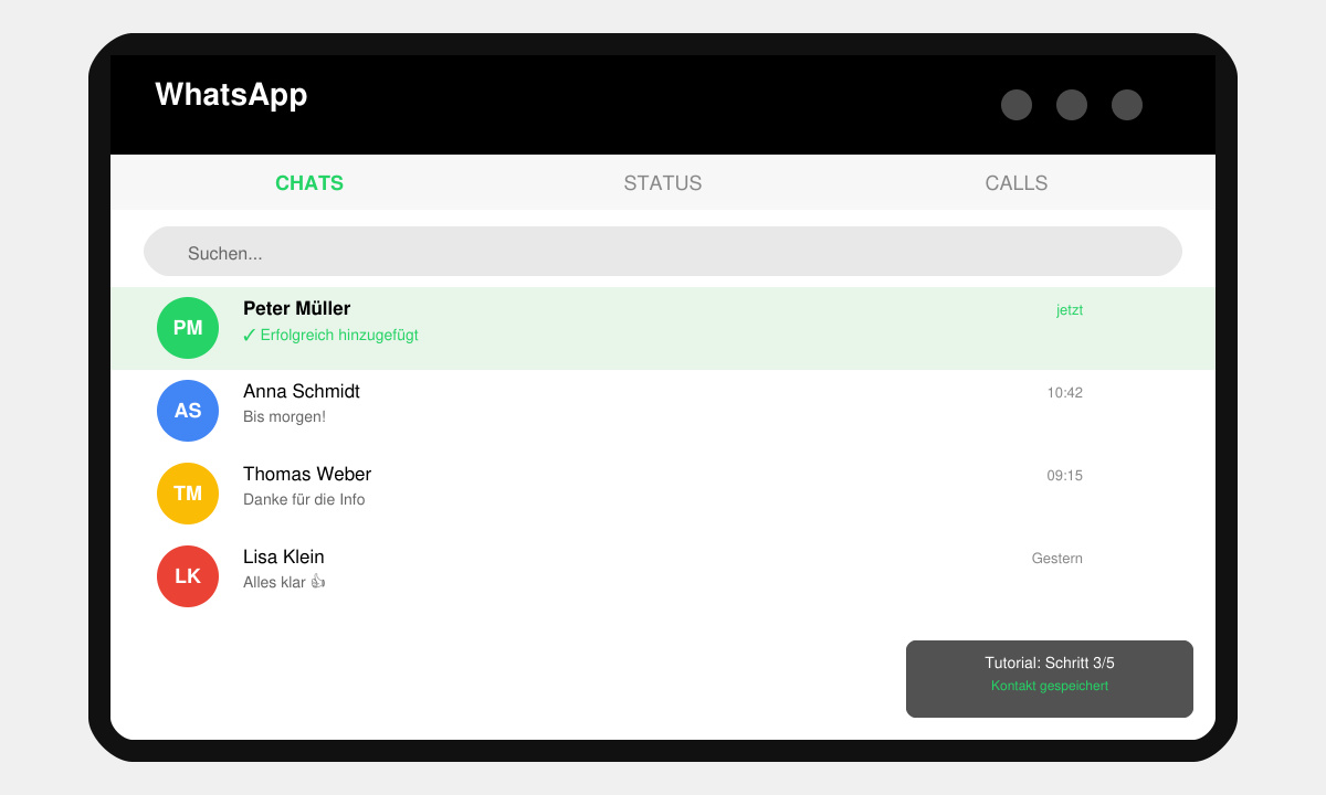 WhatsApp-Chat-Übersicht mit neu hinzugefügtem Kontakt und aktivem Chat-Fenster