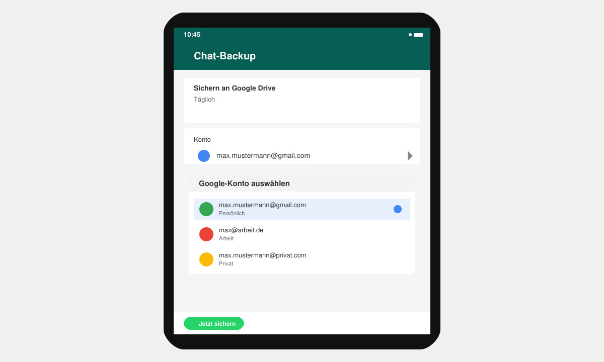 Android-Bildschirm mit WhatsApp Chat-Backup-Einstellungen und Google-Konto-Auswahl