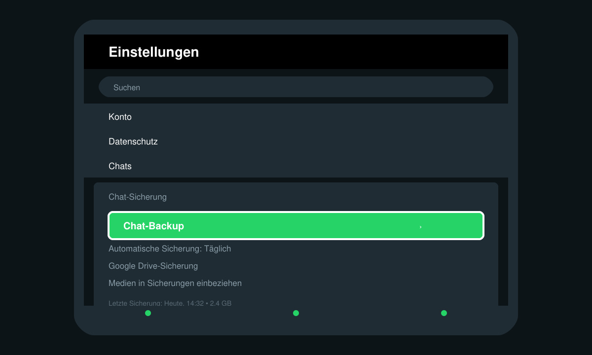 WhatsApp Einstellungen Menü zum Sichern von Chats