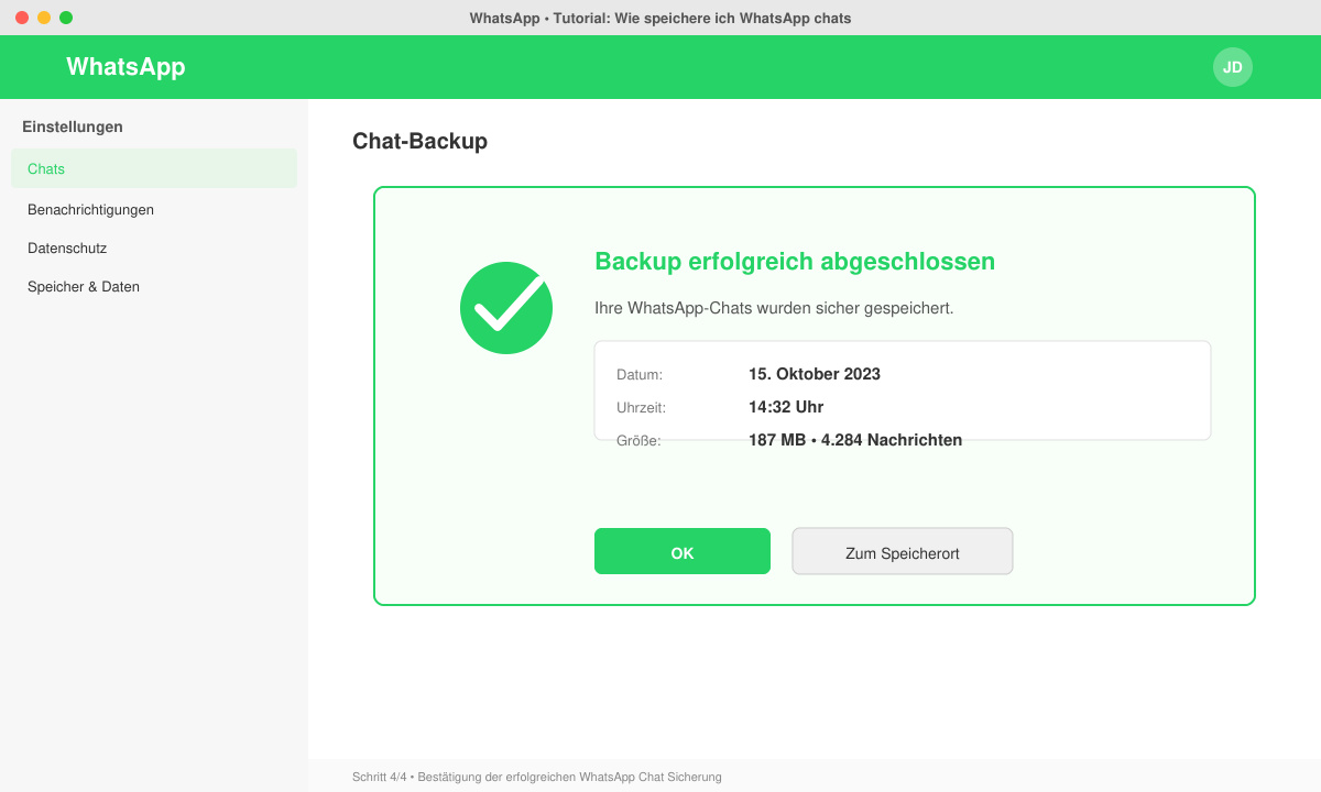 Bestätigung der erfolgreichen WhatsApp Chat Sicherung