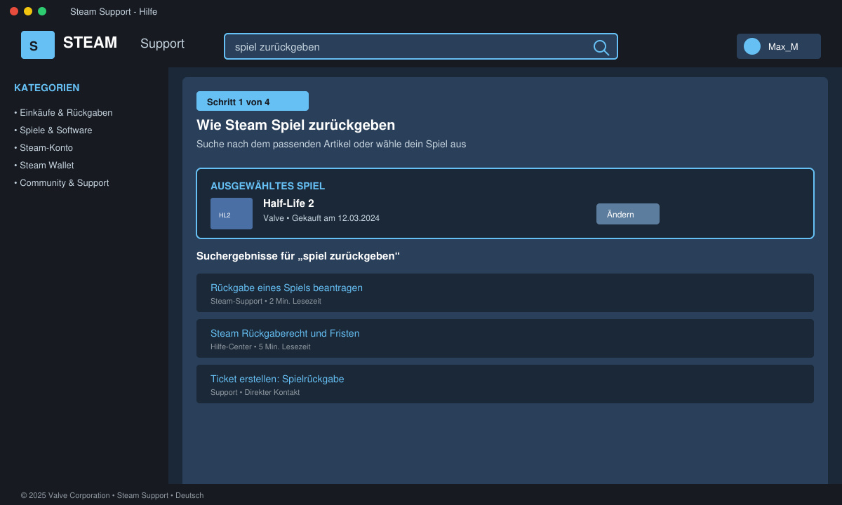 Steam-Support-Seite mit Suchfeld und ausgewähltem Spiel
