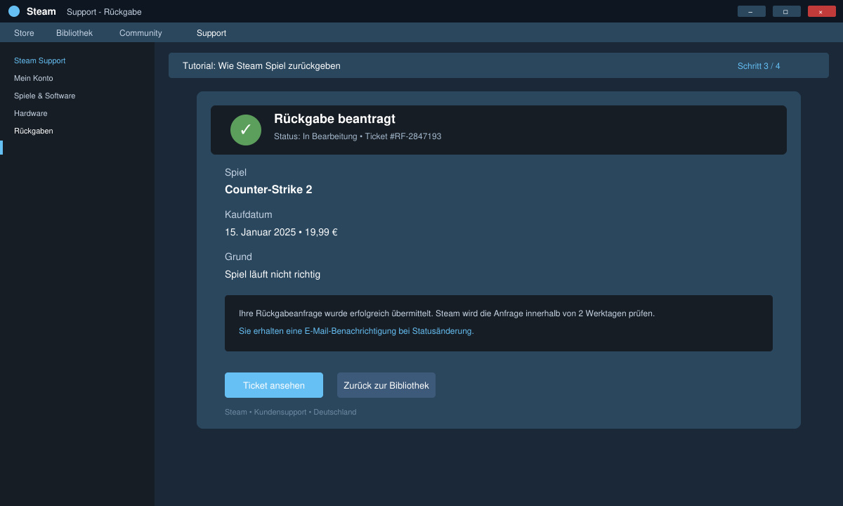 Bestätigungsseite nach erfolgreichem Rückgabeantrag mit Statusanzeige