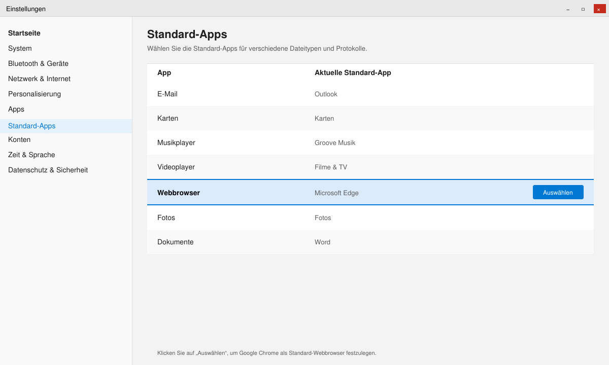 Windows-Einstellungsfenster mit geöffneter Liste der Standard-Apps und hervorgehobener Option „Webbrowser“