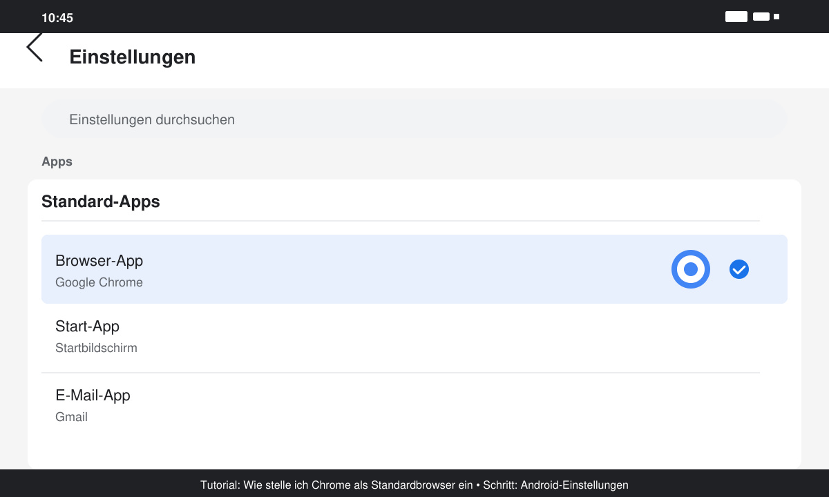Android-Einstellungsbildschirm mit ausgewählter Browser-App-Option und Google Chrome markiert
