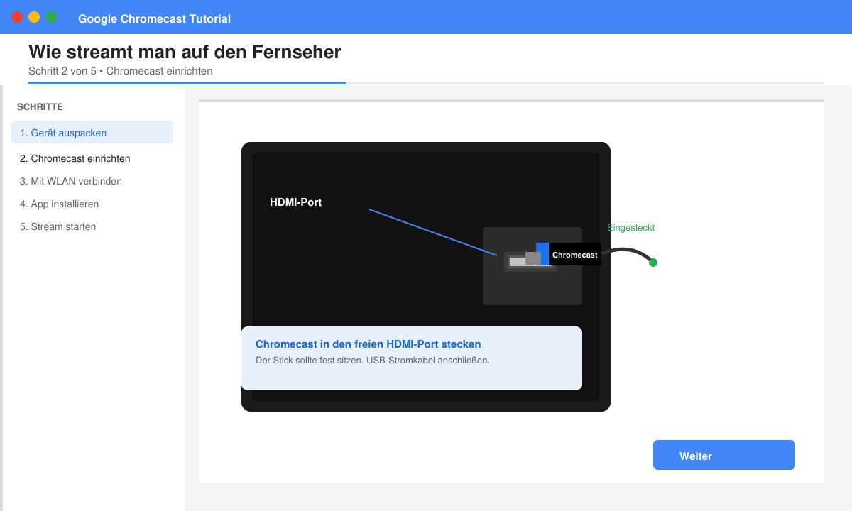 Nahaufnahme eines Chromecast-Sticks im HDMI-Port eines Fernsehers