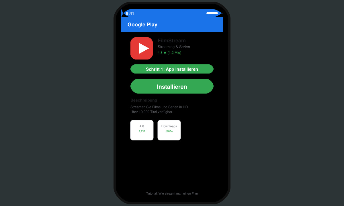 Smartphone-Bildschirm mit Installationsschritt für eine Streaming-App