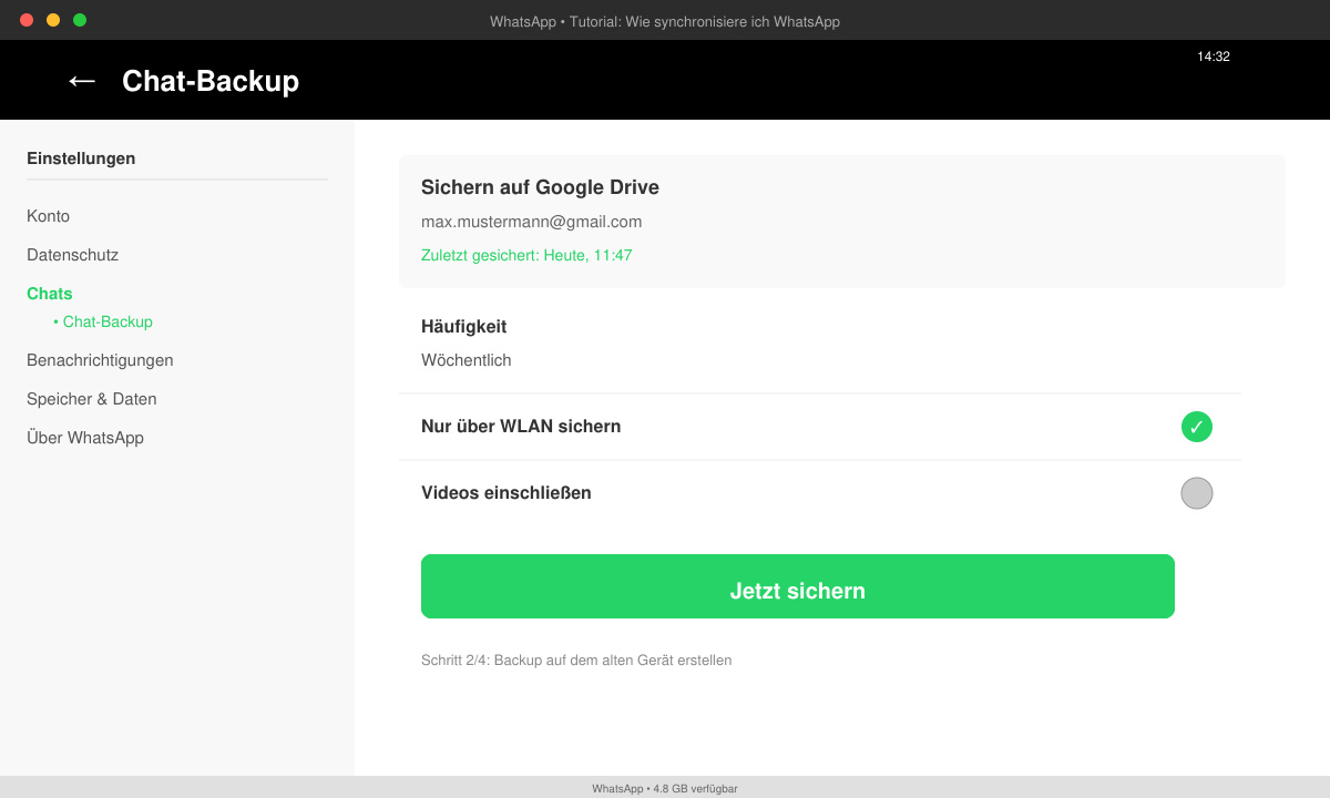 WhatsApp-Einstellungsmenü mit ausgewähltem Chat-Backup-Bildschirm