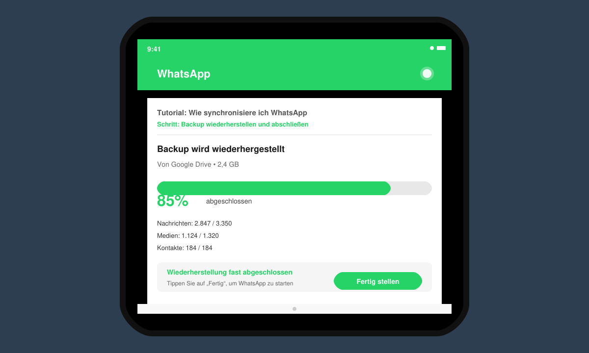 Wiederherstellungsfortschrittsanzeige in WhatsApp auf einem neuen Smartphone