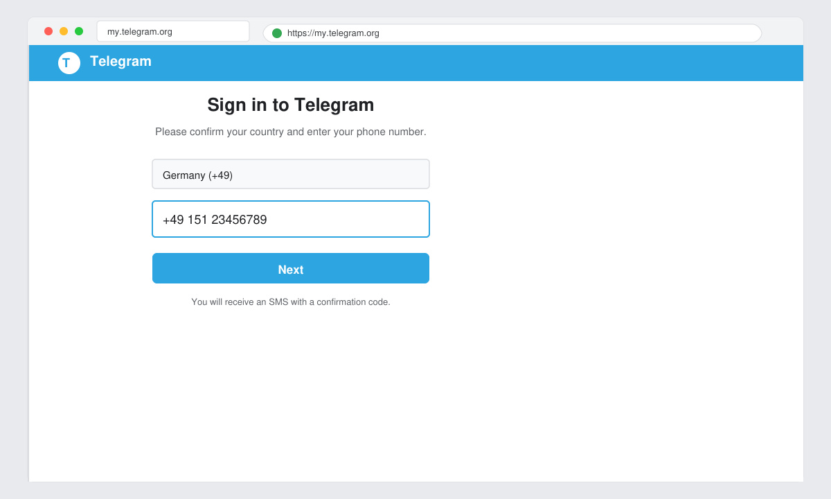 Browser-Fenster mit my.telegram.org und Eingabefeld für Telefonnummer