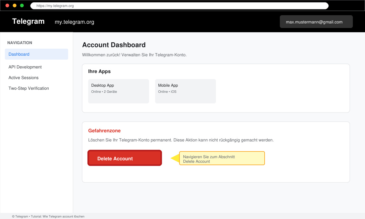 my.telegram.org Dashboard mit hervorgehobenem „Delete Account“ Button