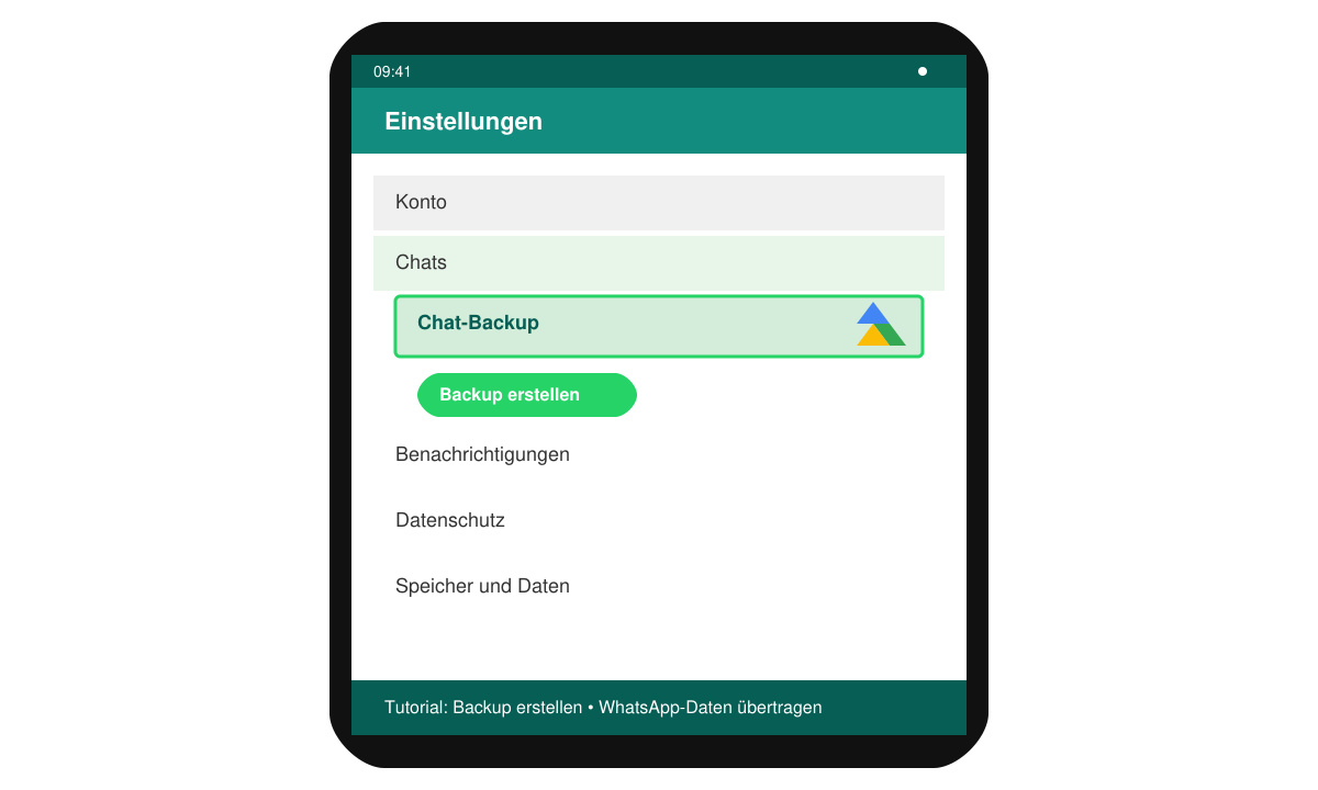WhatsApp-Einstellungsmenü auf einem Android-Handy mit hervorgehobener Option Chat-Backup und Google-Drive-Symbol