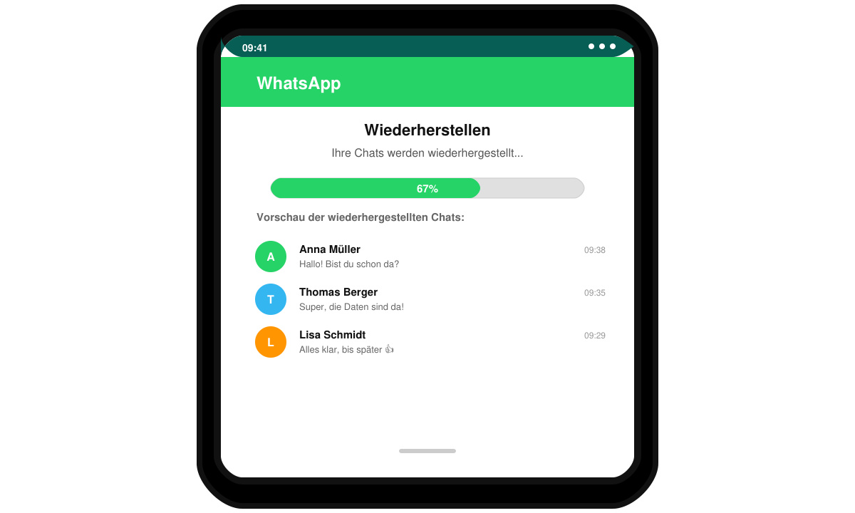 Bildschirm des neuen Handys während der WhatsApp-Wiederherstellung mit Fortschrittsbalken und Chat-Vorschau