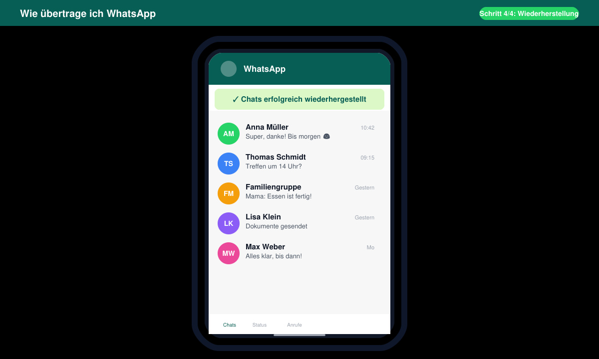 Erfolgreich wiederhergestellte WhatsApp Chats auf dem neuen Handy