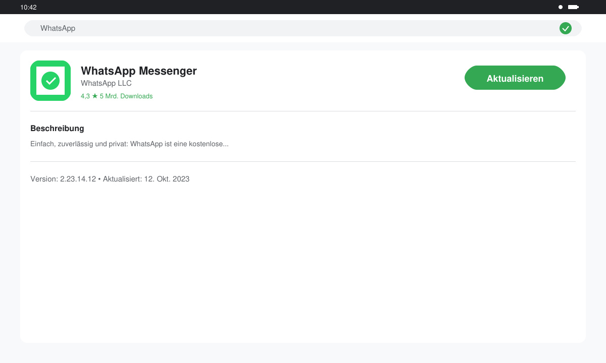 Bildschirm des Play Stores mit WhatsApp-Update-Button