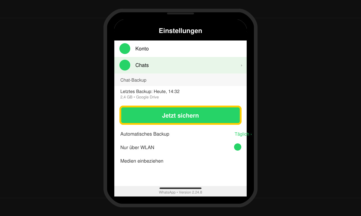 Bildschirmfoto der WhatsApp-Einstellungen mit hervorgehobener Schaltfläche Chat-Backup